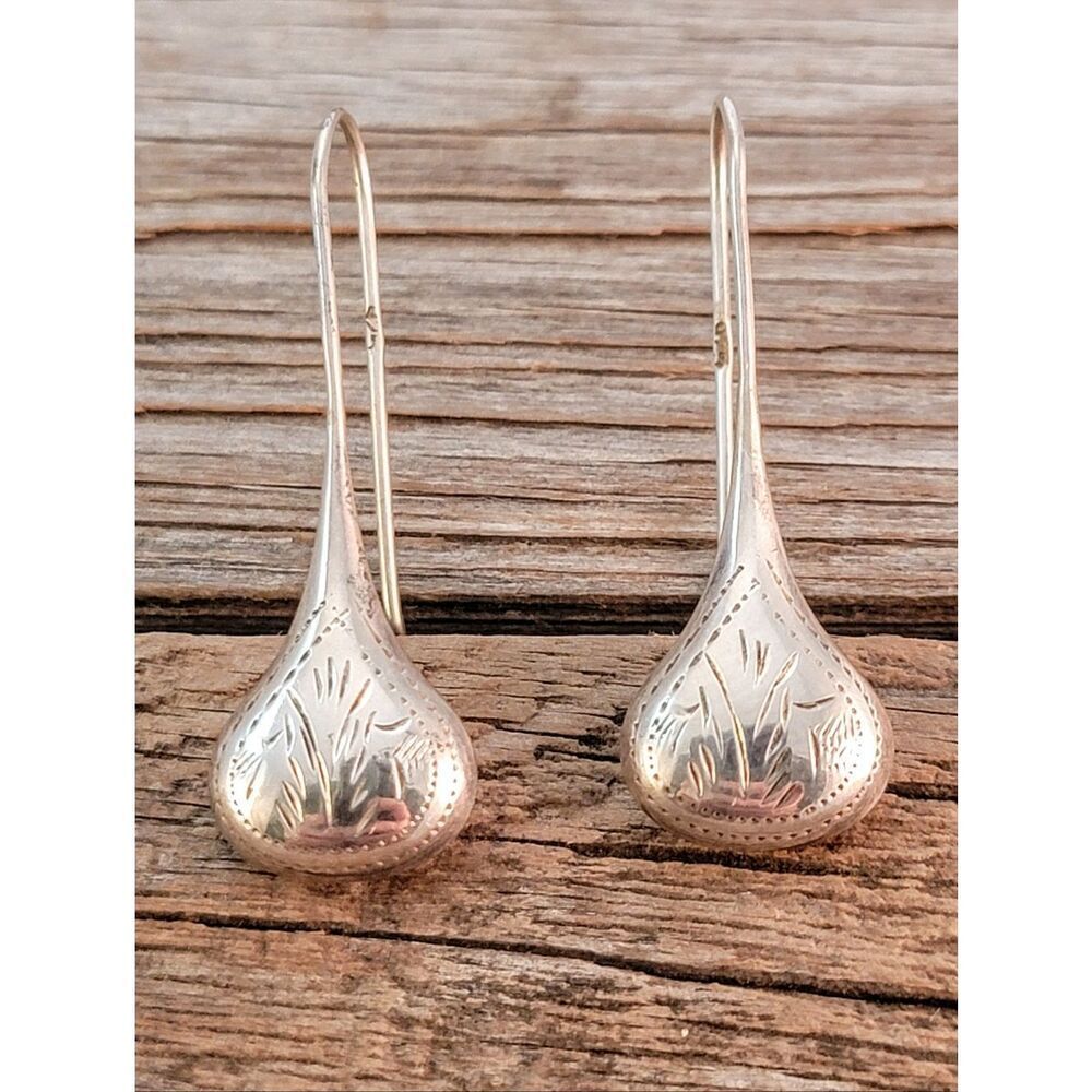 Sterling Artisan Engraved Elongated Bulb Drop Dangle Earrings